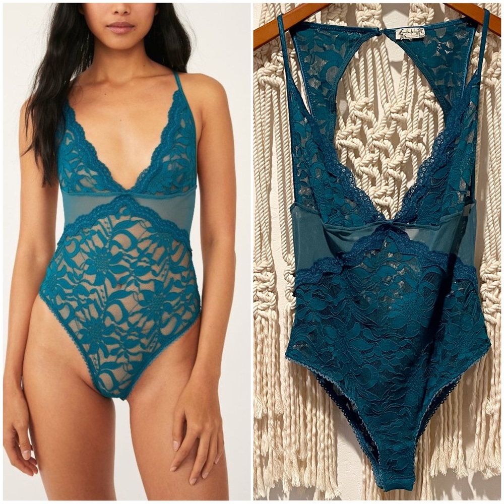 NWOT Free People SM Green Teal ‘Speed Date Lace Bodysuit’ Boho Festival Lingerie